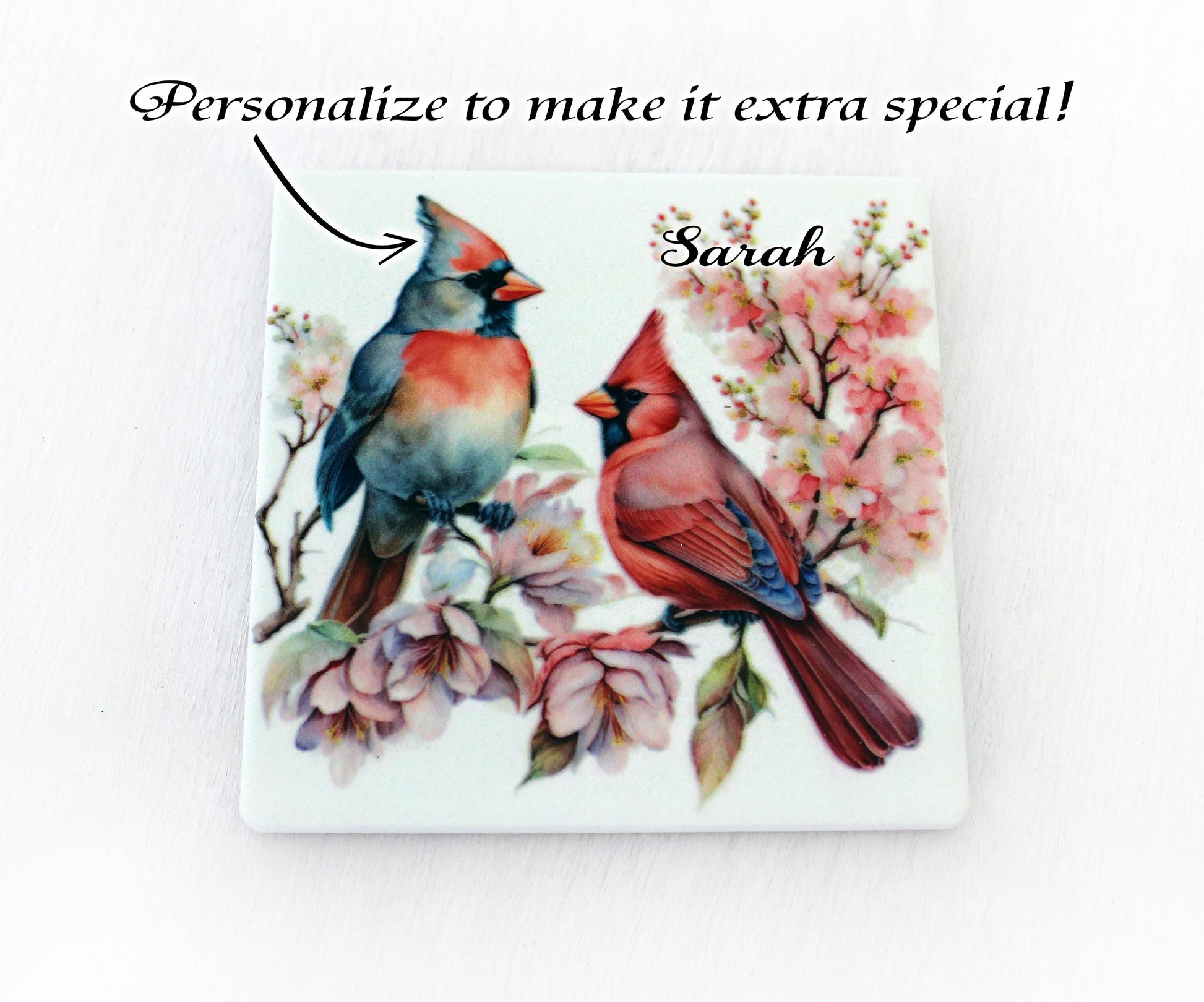 Beautiful Cardinal Decorated Bamboo Coasters w/ Bamboo Caddy, Spring Cardinals for your drinkware as Gift for Cardinal Lovers
