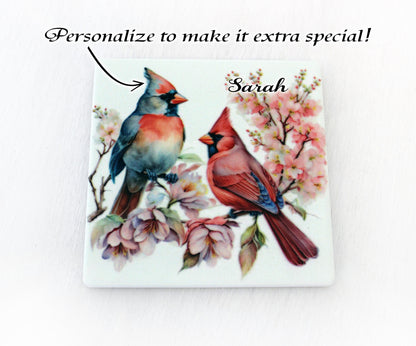 Beautiful Cardinal Decorated Bamboo Coasters w/ Bamboo Caddy, Spring Cardinals for your drinkware as Gift for Cardinal Lovers