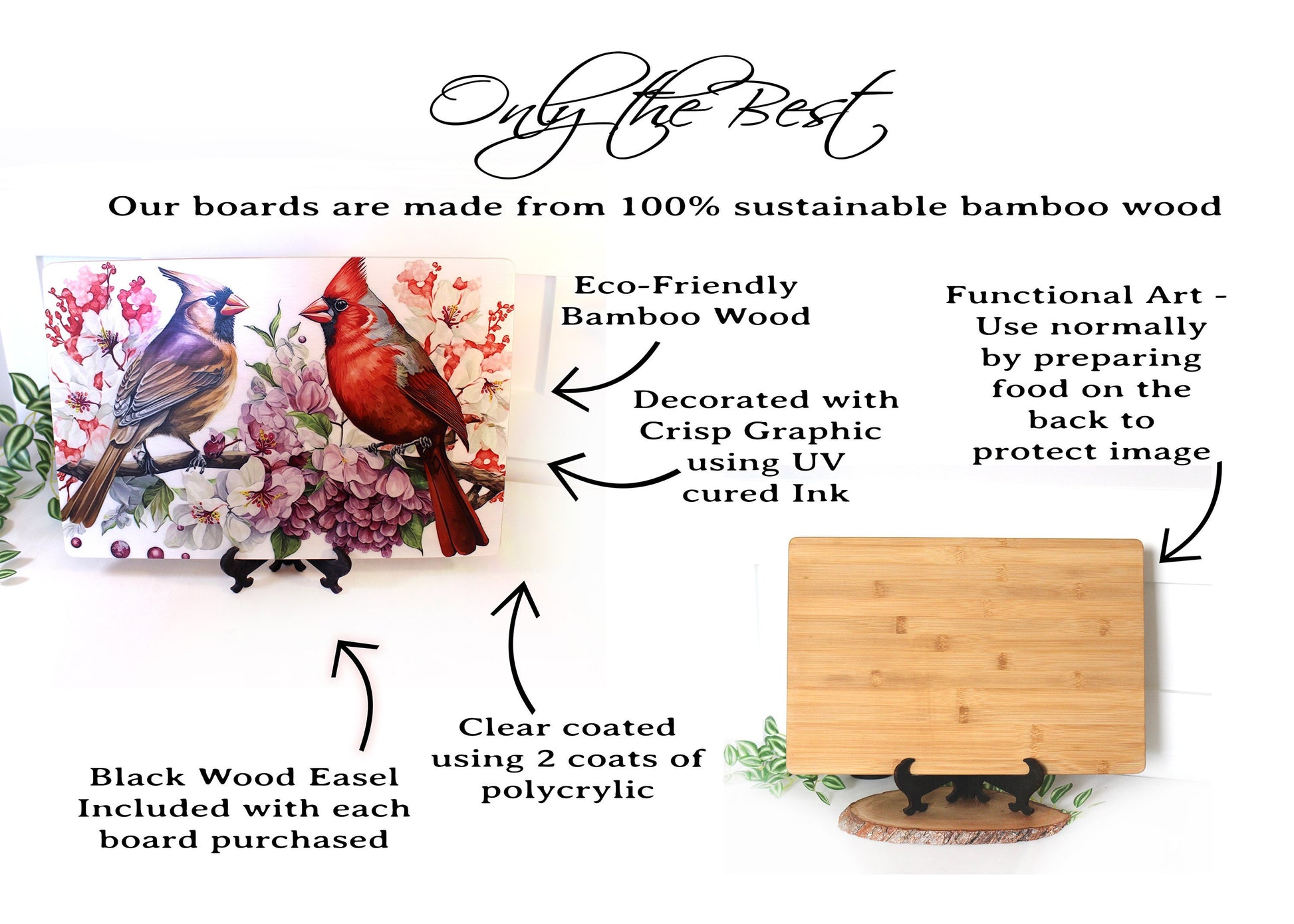 Cardinals with Spring Flowers Brighten up your Kitchen Decor, Environmentally Friendly Bamboo Cutting Board using UV Ink