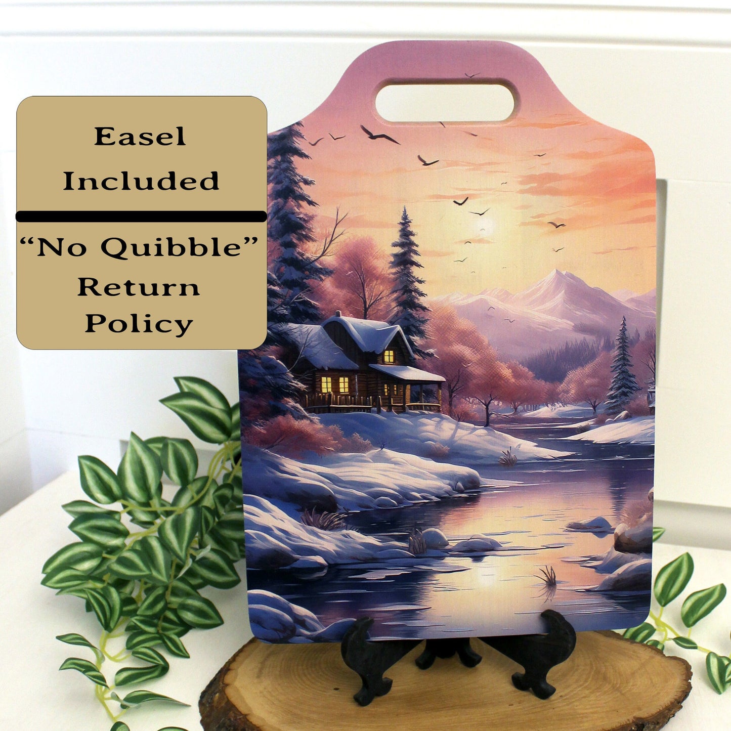 Winter Cabin Cutting Board, Rustic Winter Cabin & Stream Kitchen Decor, Environmentally Friendly Bamboo Cutting Board decorated using UV Ink