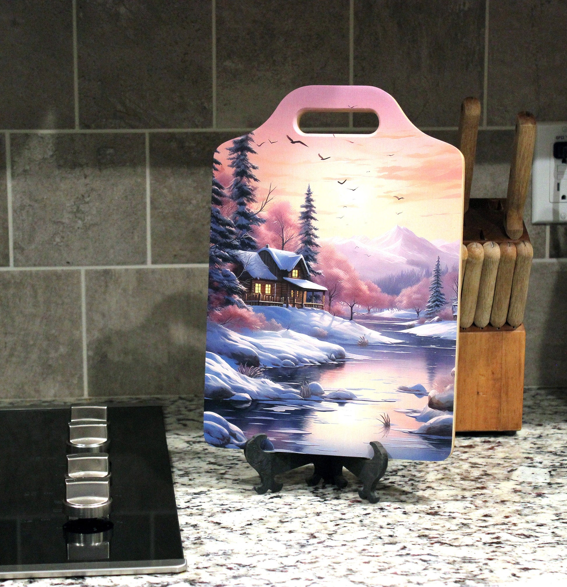 Winter Cabin Cutting Board, Rustic Winter Cabin & Stream Kitchen Decor, Environmentally Friendly Bamboo Cutting Board decorated using UV Ink