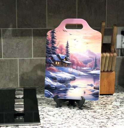 Winter Cabin Cutting Board, Rustic Winter Cabin & Stream Kitchen Decor, Environmentally Friendly Bamboo Cutting Board decorated using UV Ink