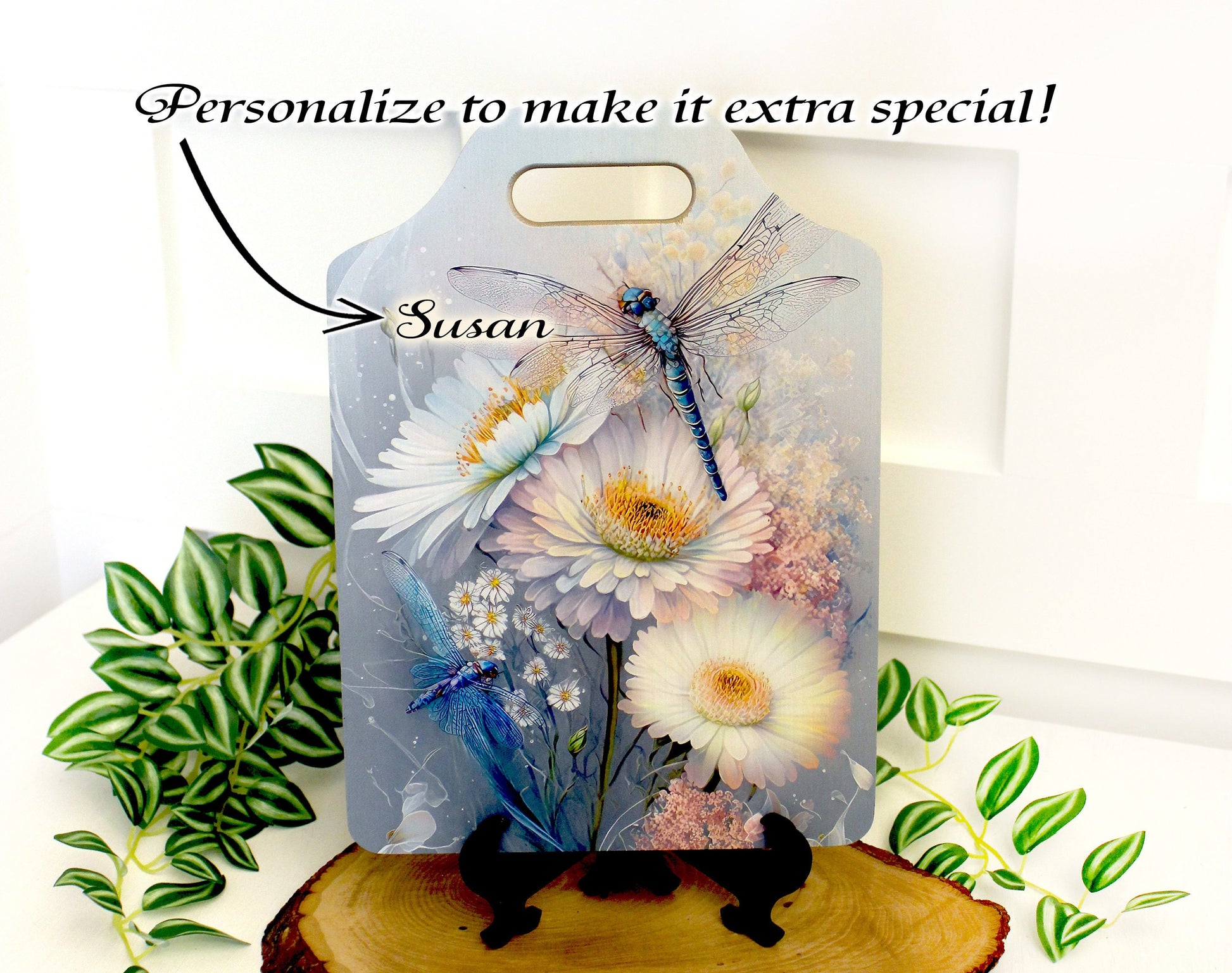 Dragonflies Kitchen Decor, Environmentally Friendly Handled Bamboo Cutting Board Decorated with UV Ink w/Unique Daisies & Dragonflies Design