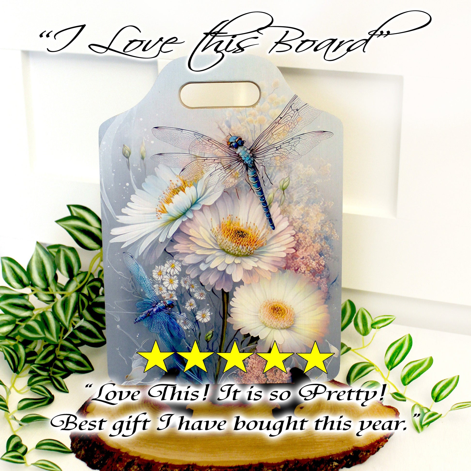 Dragonflies Kitchen Decor, Environmentally Friendly Handled Bamboo Cutting Board Decorated with UV Ink w/Unique Daisies & Dragonflies Design