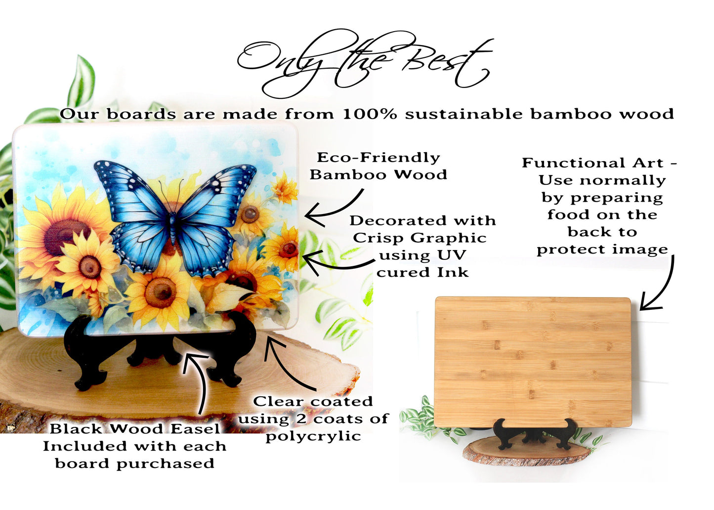 Sunflower Kitchen Decor, Sunflowers and Blue Butterfly Kitchen Decor, Environmentally Friendly Bamboo Cutting Board Decorated using UV Ink