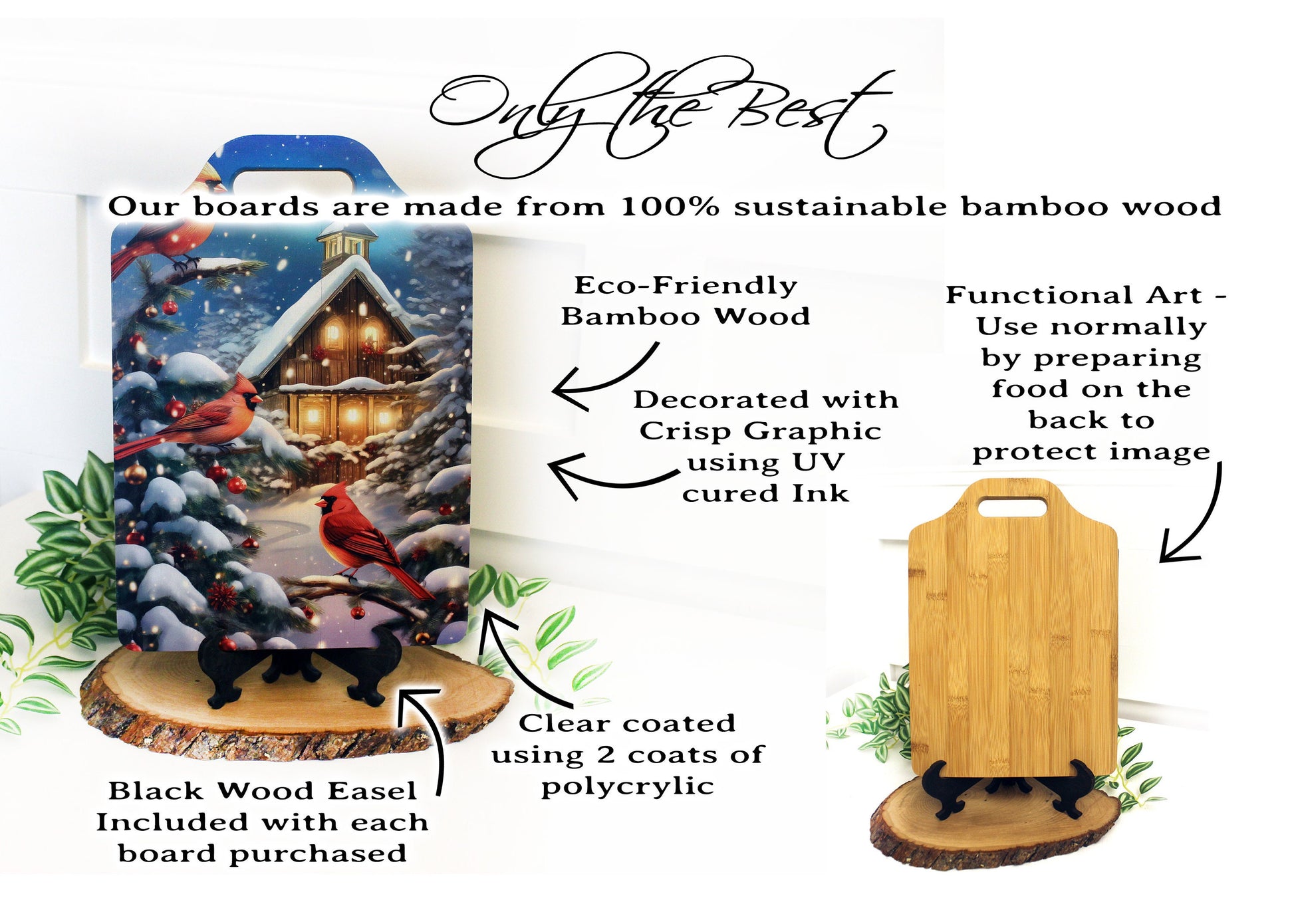 Christmas Cardinal Cutting Board, Rustic Winter Cabin Christmas Cardinals Decor, Environmentally Friendly Bamboo Cutting Board using UV Ink
