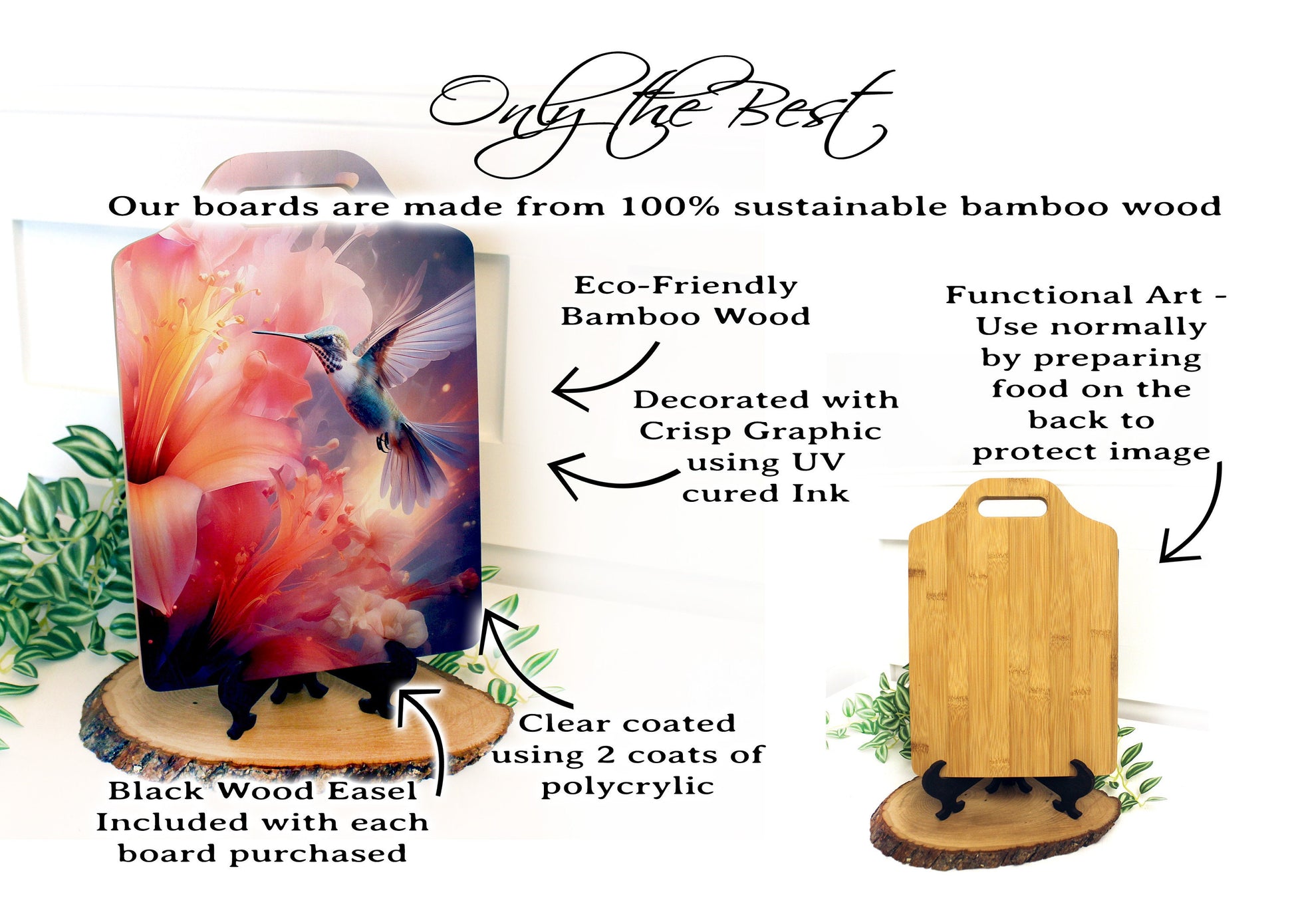 Hummingbird Lilies Kitchen Decor, Environmentally Friendly Handled Bamboo Cutting Board Decorated with UV Ink with Unique Hummingbird Design