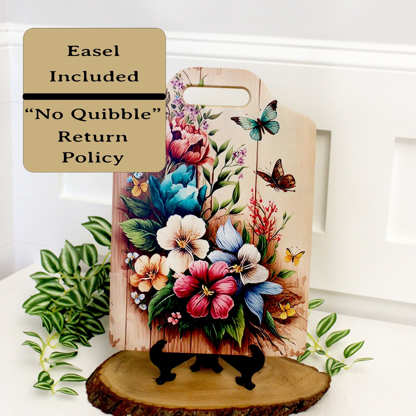 Flower Garden & Butterfly Kitchen Decor, Environmentally Friendly Handled Bamboo Cutting Board, Flowers against wooden Fence, Butterflies