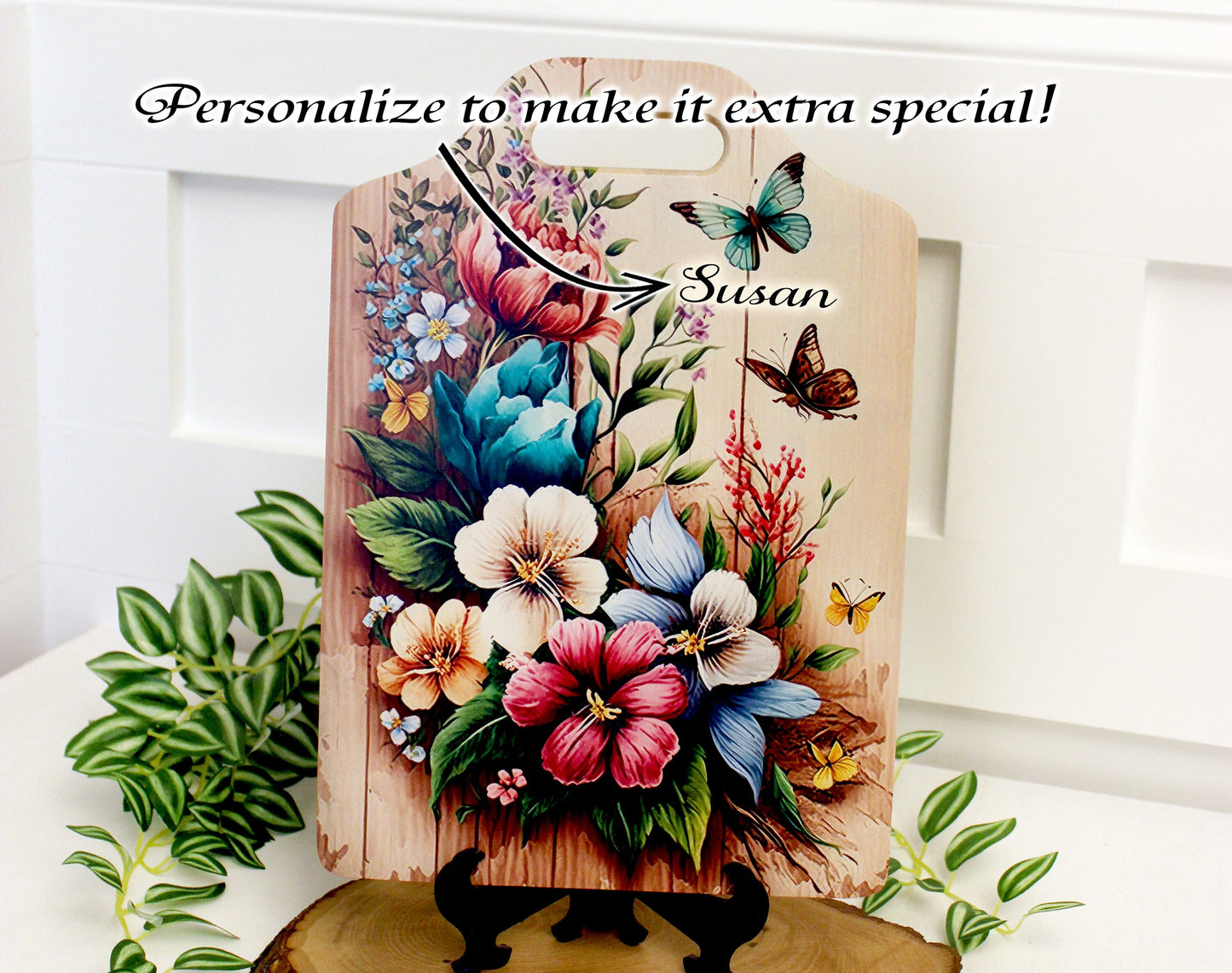 Flower Garden & Butterfly Kitchen Decor, Environmentally Friendly Handled Bamboo Cutting Board, Flowers against wooden Fence, Butterflies