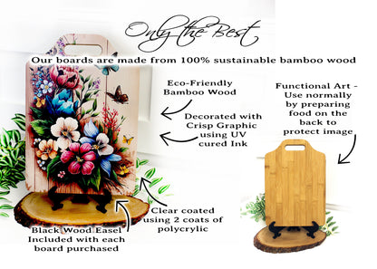 Flower Garden & Butterfly Kitchen Decor, Environmentally Friendly Handled Bamboo Cutting Board, Flowers against wooden Fence, Butterflies