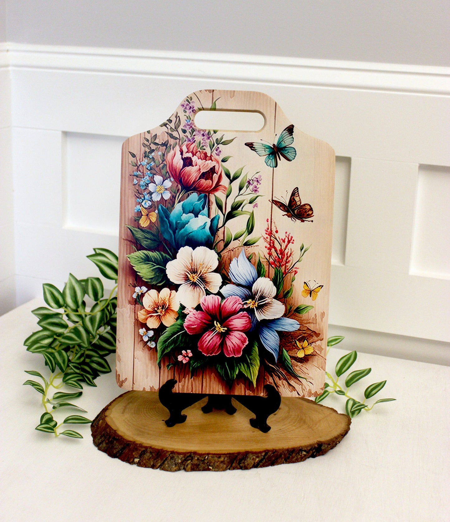 Flower Garden & Butterfly Kitchen Decor, Environmentally Friendly Handled Bamboo Cutting Board, Flowers against wooden Fence, Butterflies