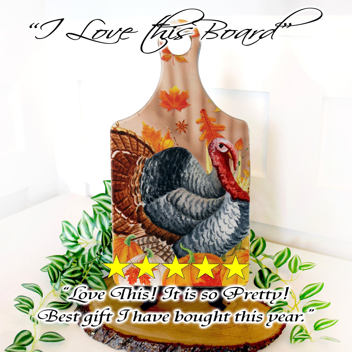 Fall Turkey on a Paddle Cutting Board Brighten up your Kitchen Decor with this Environmentally Friendly Bamboo Board Printed with UV Ink