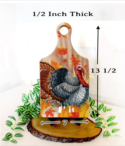 Fall Turkey on a Paddle Cutting Board Brighten up your Kitchen Decor with this Environmentally Friendly Bamboo Board Printed with UV Ink