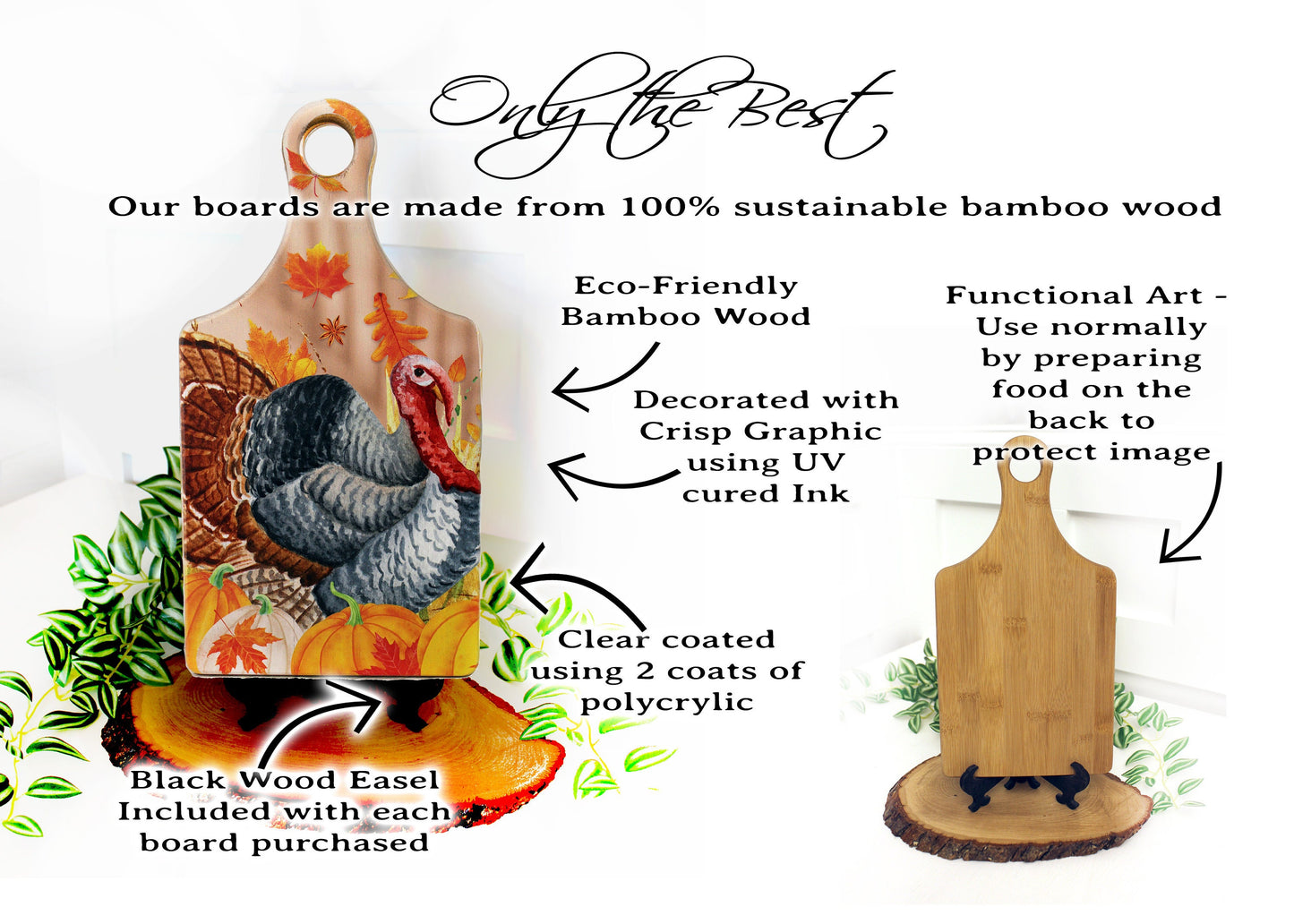 Fall Turkey on a Paddle Cutting Board Brighten up your Kitchen Decor with this Environmentally Friendly Bamboo Board Printed with UV Ink