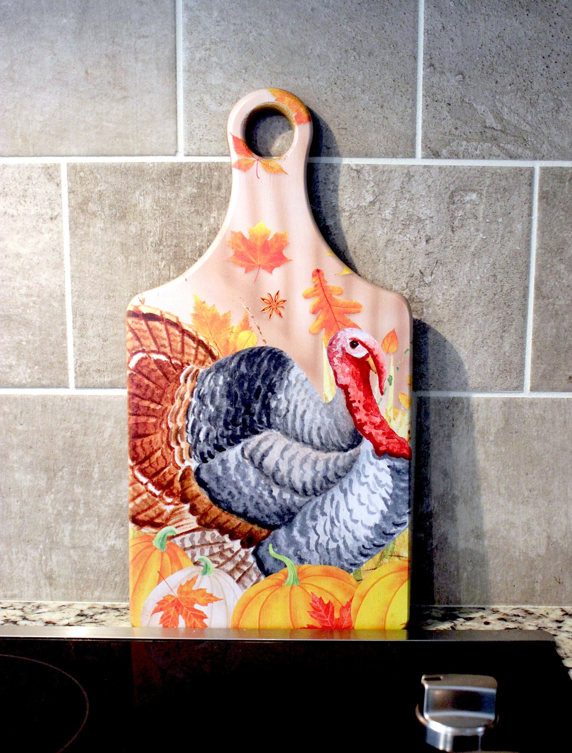 Fall Turkey on a Paddle Cutting Board Brighten up your Kitchen Decor with this Environmentally Friendly Bamboo Board Printed with UV Ink