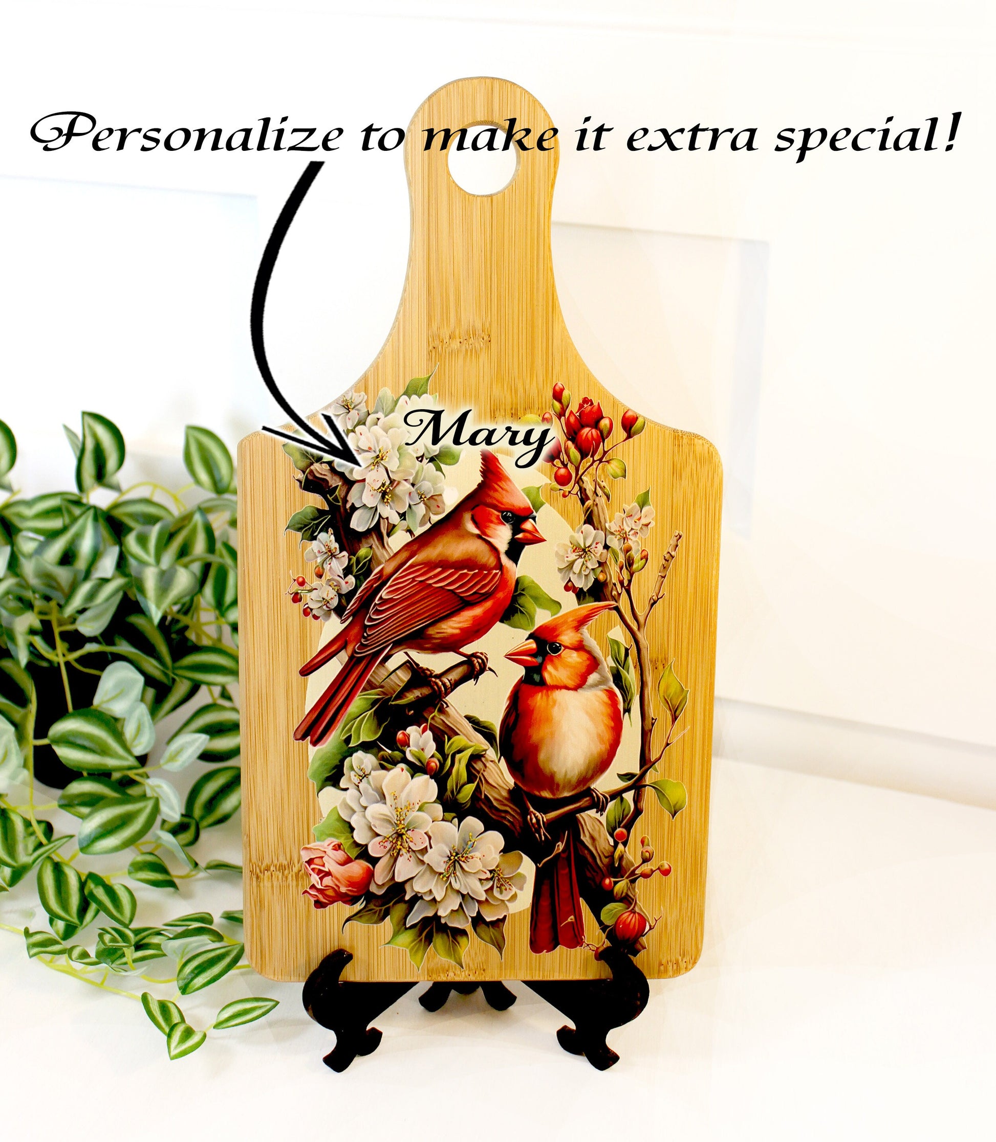 Cardinals & Cherry Blossoms Kitchen Decor, Personalized Bamboo Wood Cardinal Paddle Cutting Board is a great Environmentally Friendly Gift
