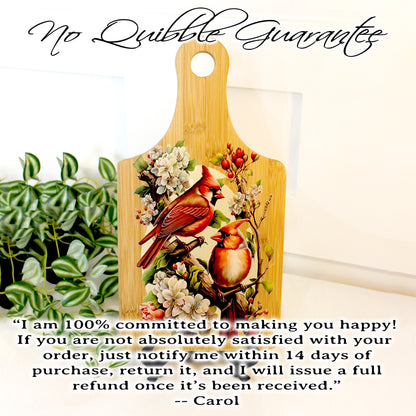 Cardinals & Cherry Blossoms Kitchen Decor, Personalized Bamboo Wood Cardinal Paddle Cutting Board is a great Environmentally Friendly Gift
