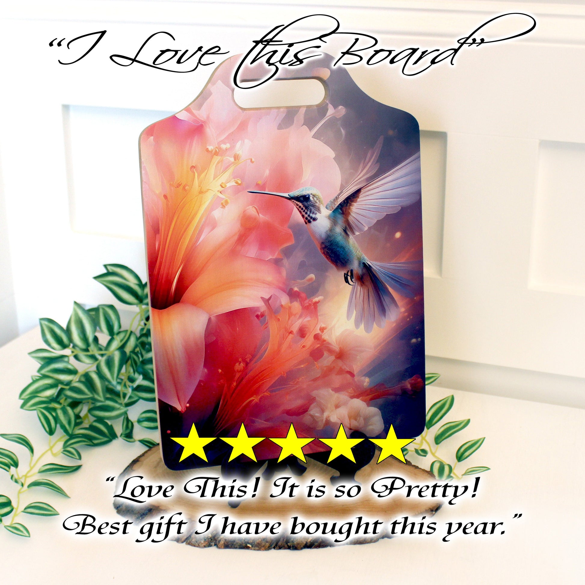 Hummingbird Lilies Kitchen Decor, Environmentally Friendly Handled Bamboo Cutting Board Decorated with UV Ink with Unique Hummingbird Design
