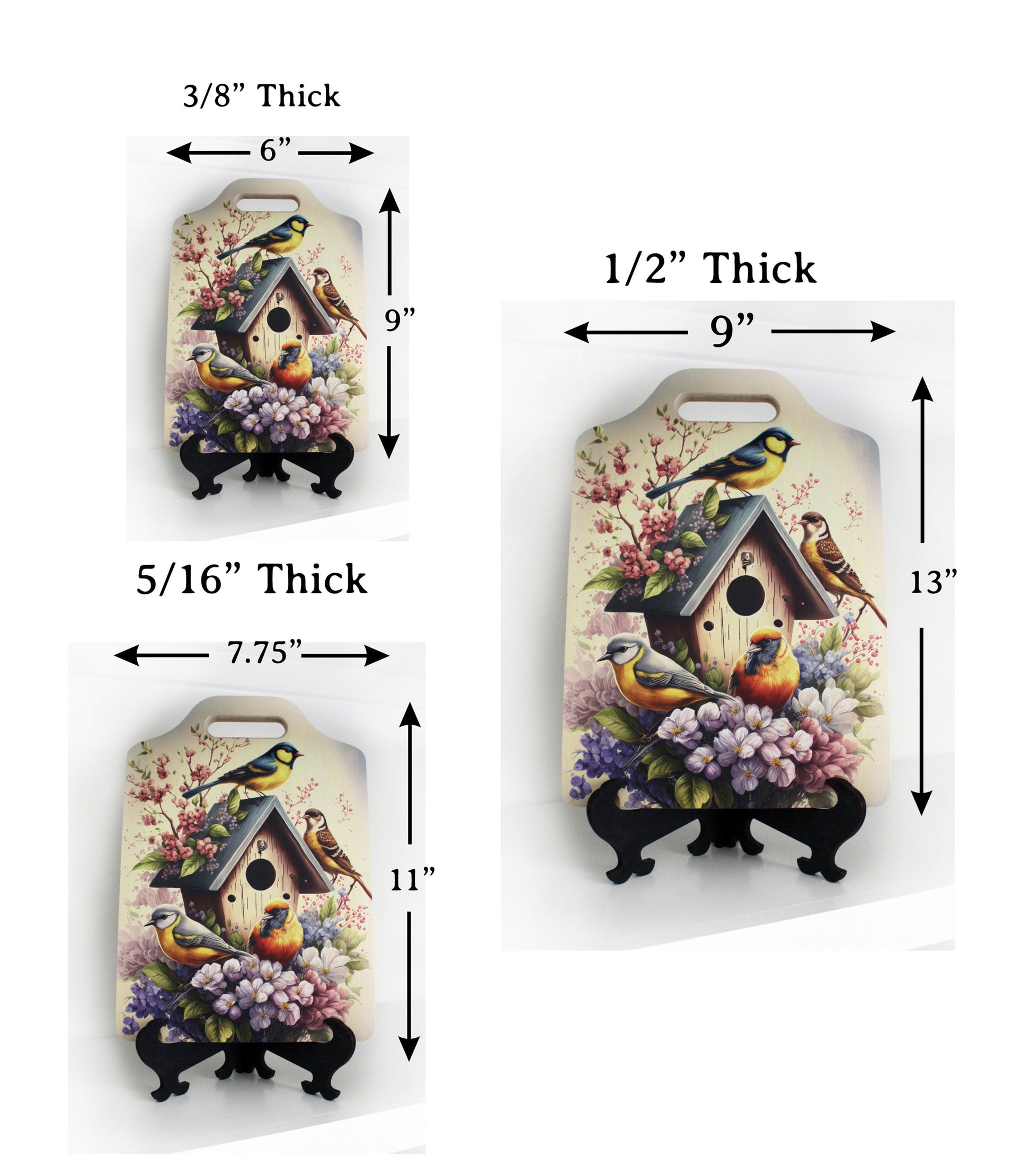Bird Watcher Kitchen Decor, Environmentally Friendly Handled Bamboo Cutting Board Decorated w/ UV Ink with Unique Birds on Birdhouse Design