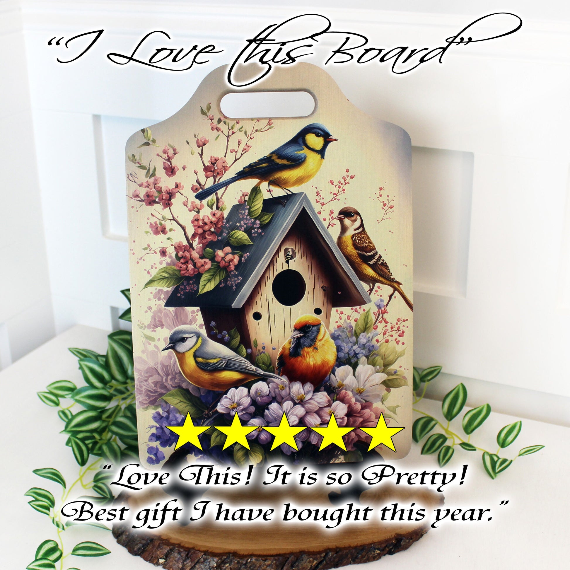 Bird Watcher Kitchen Decor, Environmentally Friendly Handled Bamboo Cutting Board Decorated w/ UV Ink with Unique Birds on Birdhouse Design