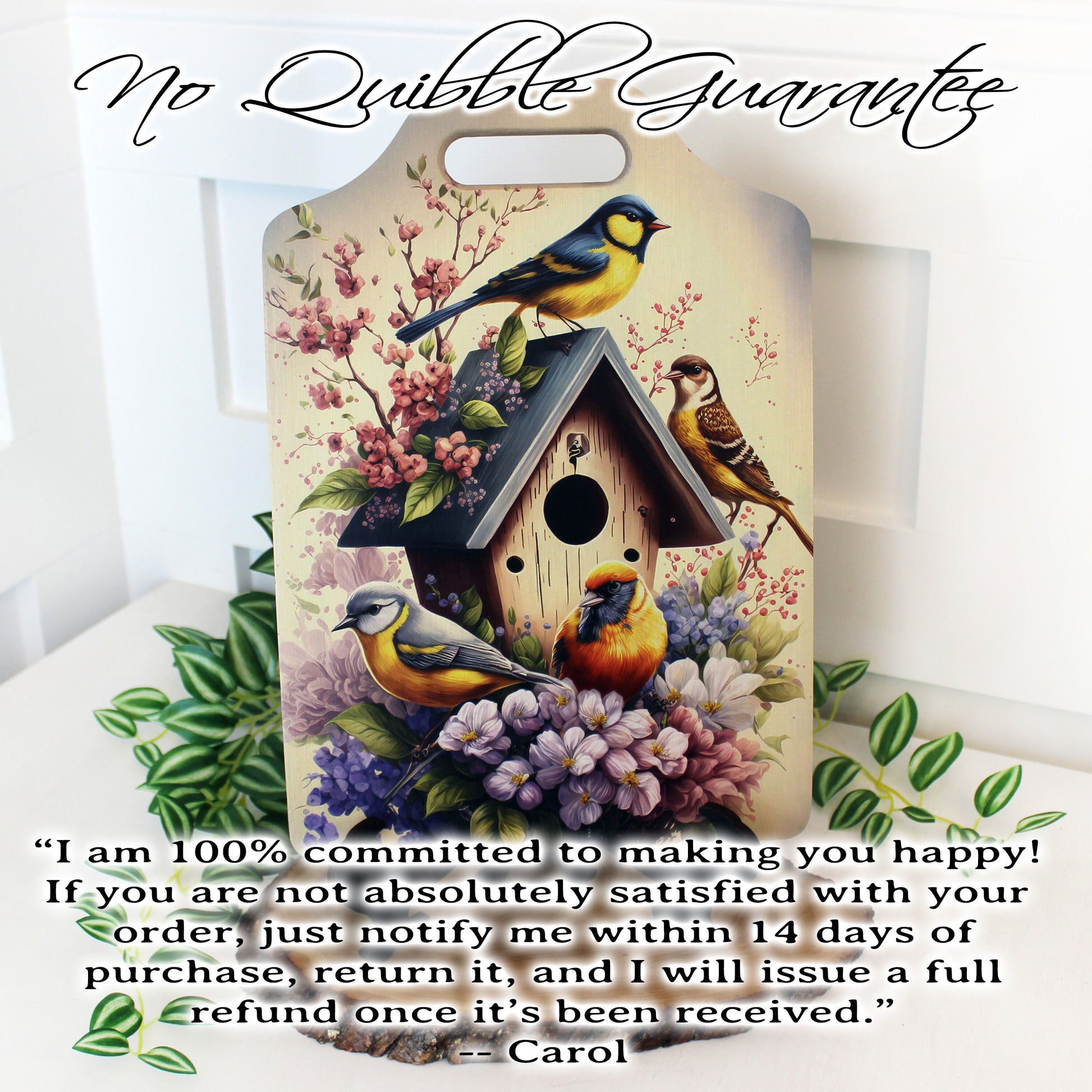 Bird Watcher Kitchen Decor, Environmentally Friendly Handled Bamboo Cutting Board Decorated w/ UV Ink with Unique Birds on Birdhouse Design