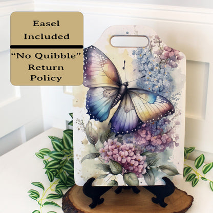 Butterfly Violets Kitchen Decor, Environmentally Friendly Handled Bamboo Cutting Board Decorated with UV Ink with Unique Butterfly w/Violets