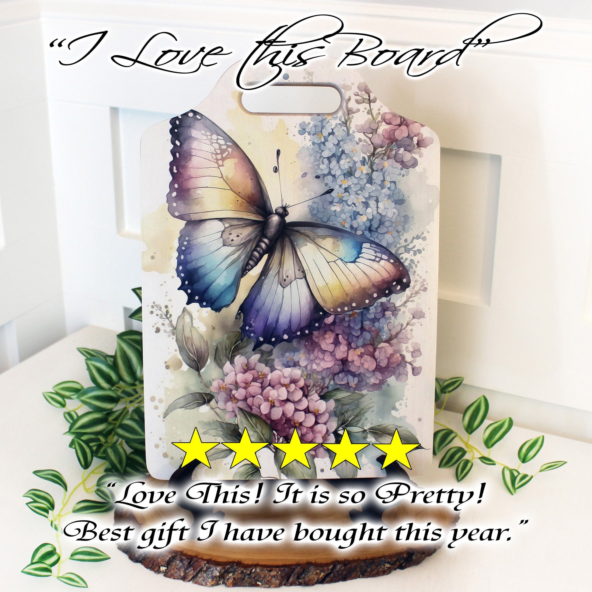 Butterfly Violets Kitchen Decor, Environmentally Friendly Handled Bamboo Cutting Board Decorated with UV Ink with Unique Butterfly w/Violets
