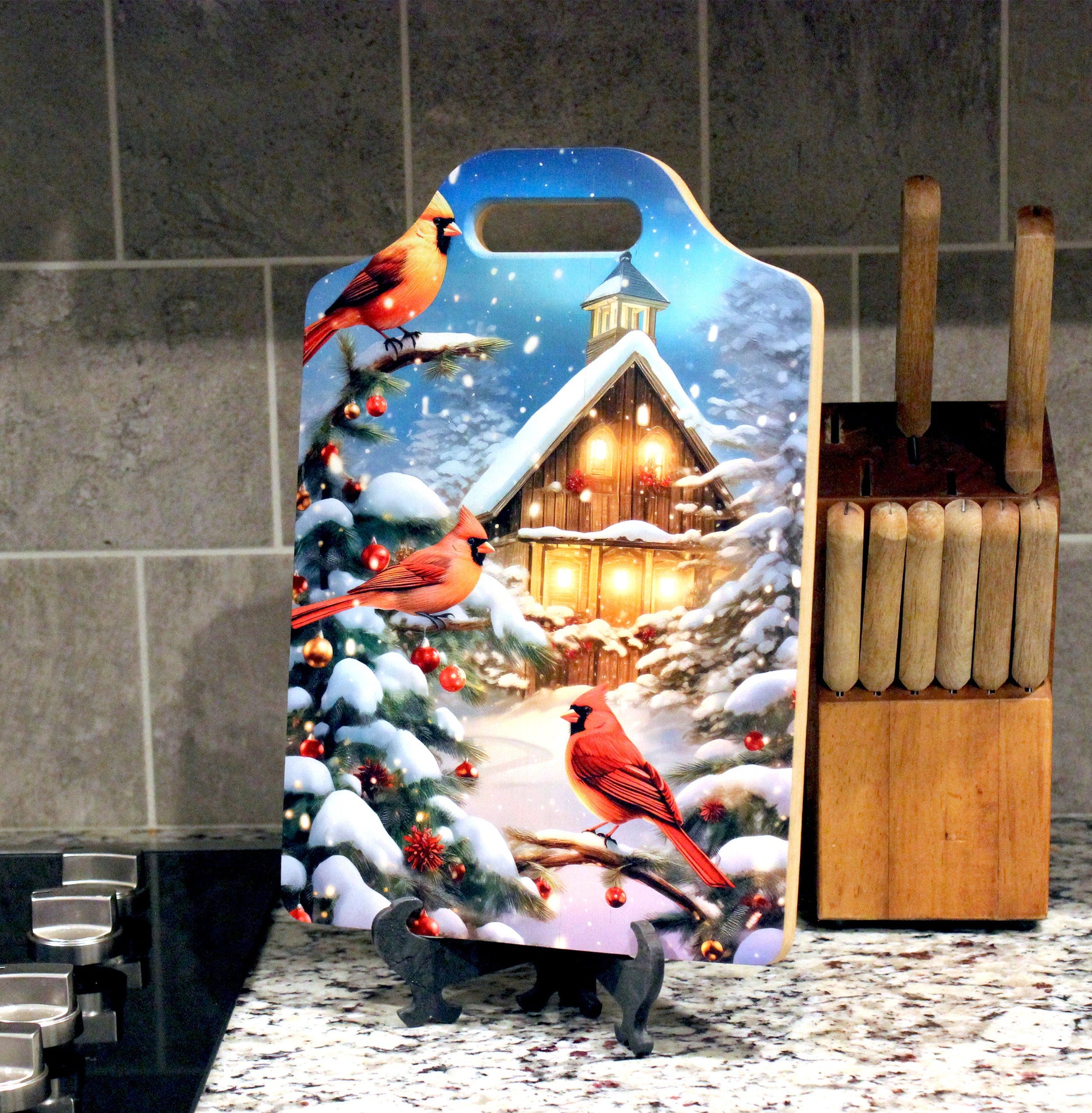 Christmas Cardinal Cutting Board, Rustic Winter Cabin Christmas Cardinals Decor, Environmentally Friendly Bamboo Cutting Board using UV Ink