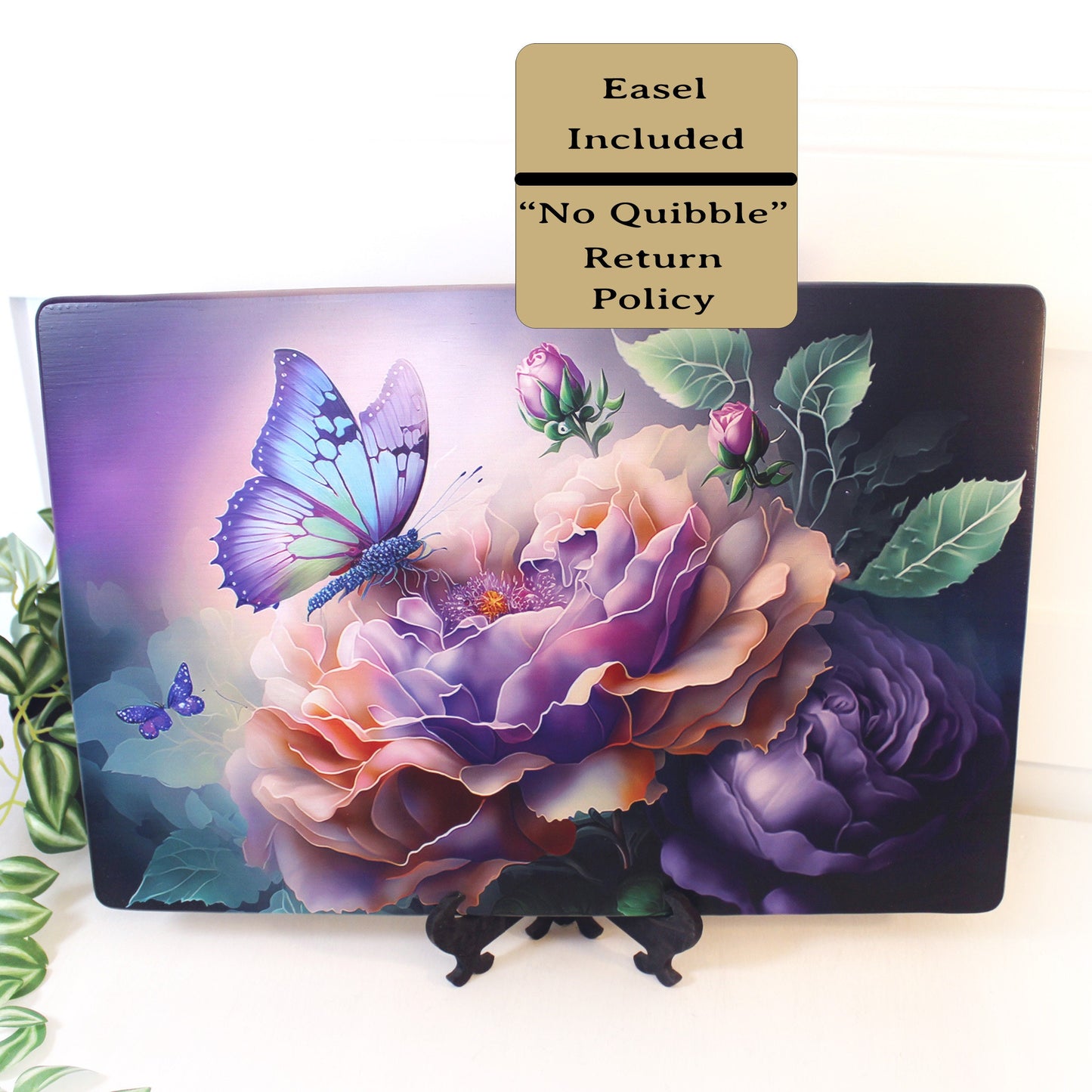Large Blue Butterfly with Purple Roses Brighten up your Kitchen Decor, Environmentally Friendly Bamboo Cutting Board Decorated with UV Ink