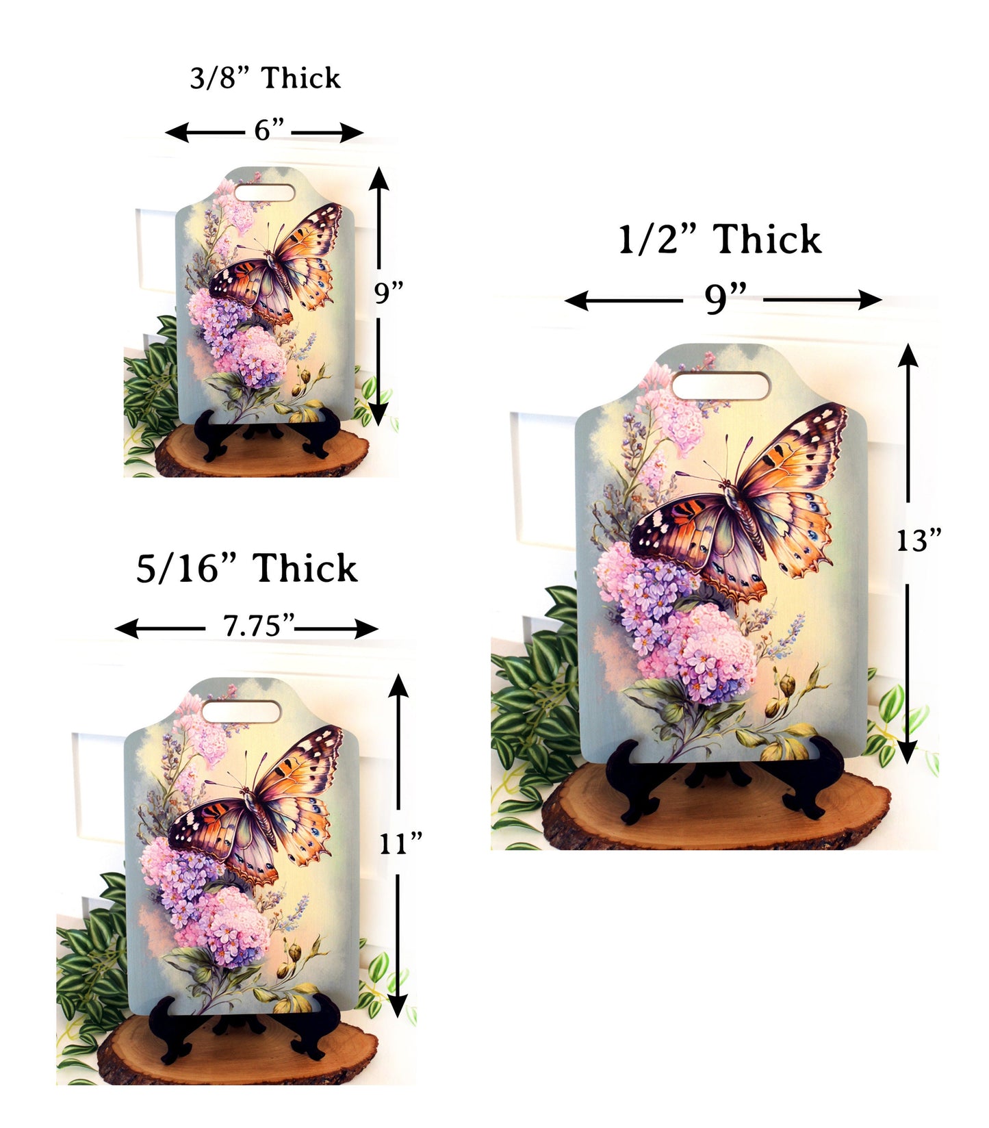 Garden Butterfly Kitchen Decor, Environmentally Friendly Handled Bamboo Cutting Board Decorated with UV Ink with Monarch Butterfly & Lilacs