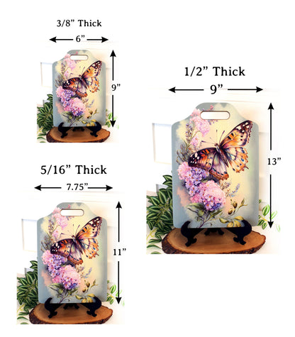 Garden Butterfly Kitchen Decor, Environmentally Friendly Handled Bamboo Cutting Board Decorated with UV Ink with Monarch Butterfly & Lilacs