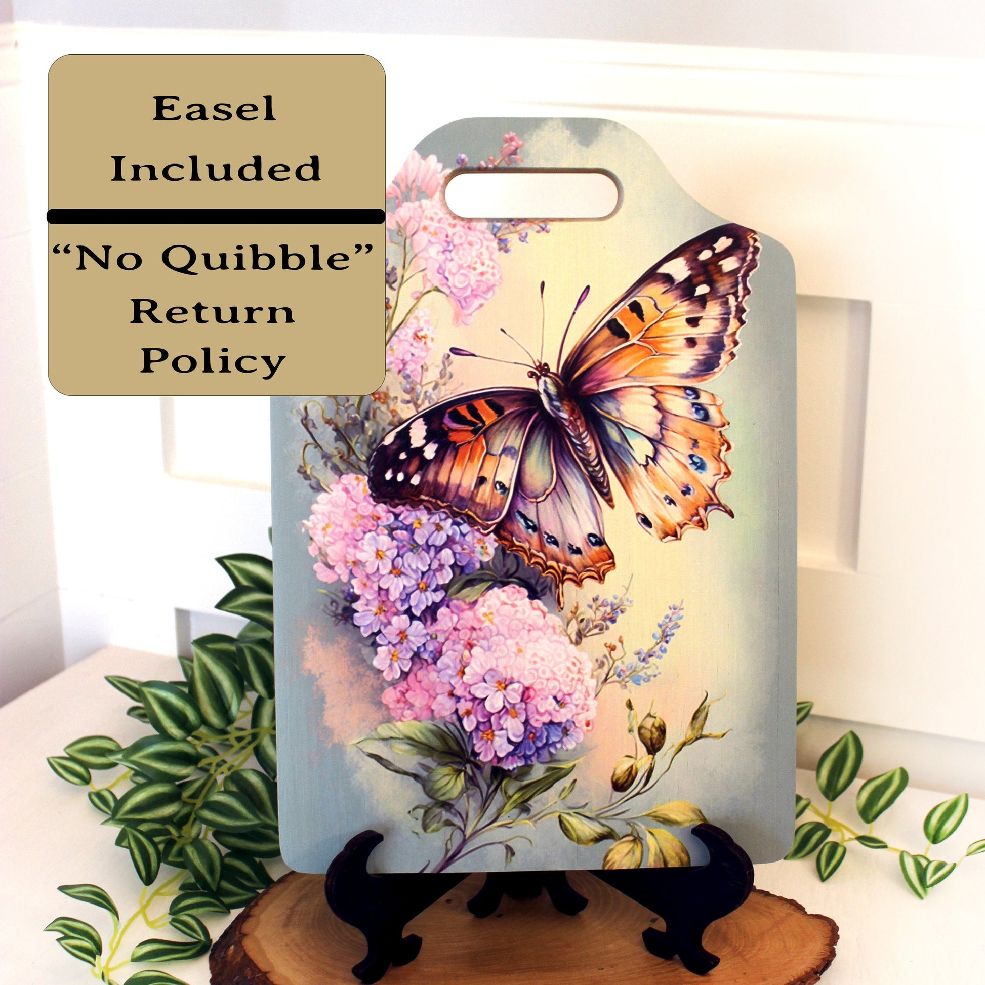 Garden Butterfly Kitchen Decor, Environmentally Friendly Handled Bamboo Cutting Board Decorated with UV Ink with Monarch Butterfly & Lilacs