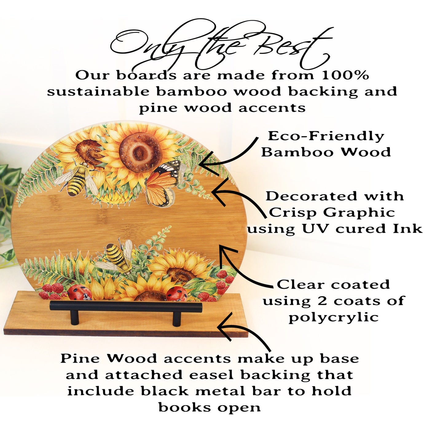 Sunflowers and Bumble Bees Cookbook Stand for the Kitchen from Environmentally Sustainable Bamboo with Pine Wood Accents to create an Easel