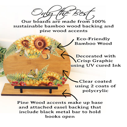 Sunflowers and Bumble Bees Cookbook Stand for the Kitchen from Environmentally Sustainable Bamboo with Pine Wood Accents to create an Easel