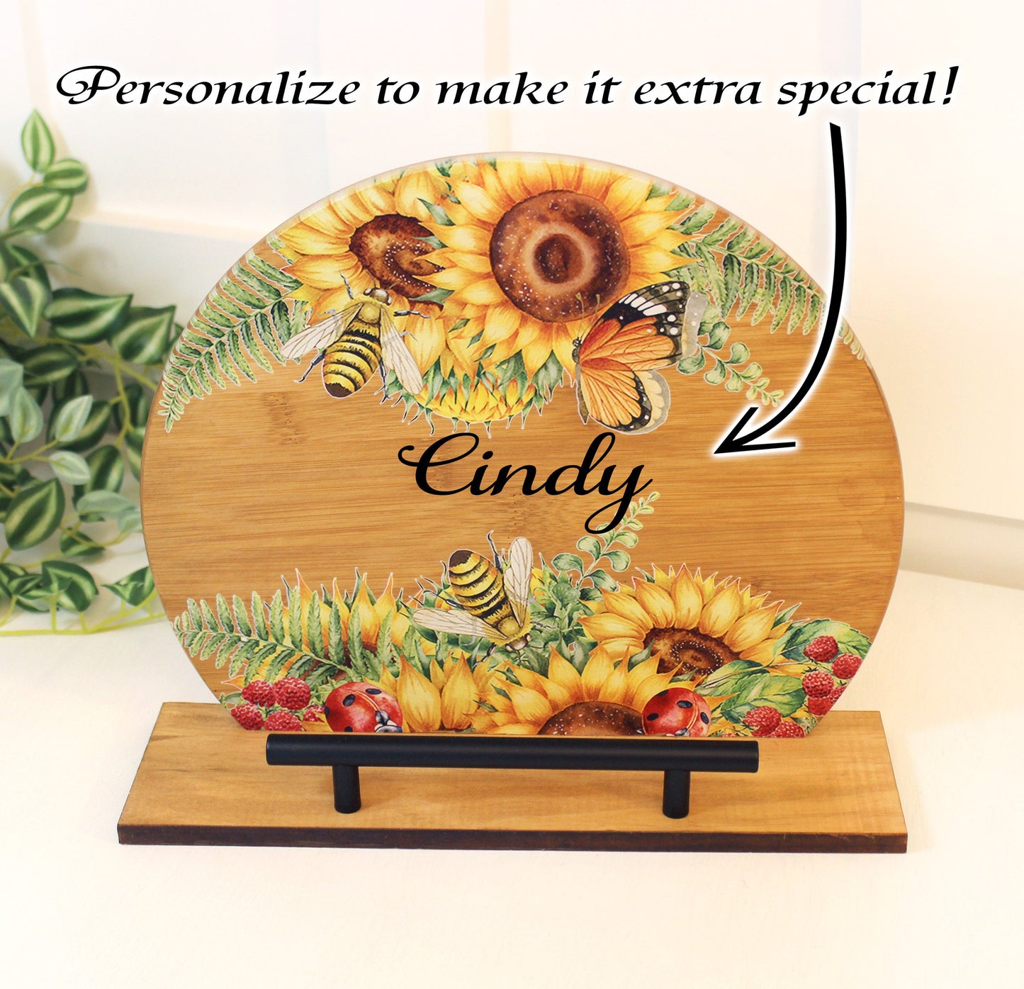 Sunflowers and Bumble Bees Cookbook Stand for the Kitchen from Environmentally Sustainable Bamboo with Pine Wood Accents to create an Easel