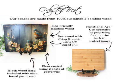 Rustic Summer Blue Birds with Flowers Brighten up your Kitchen Decor, an Environmentally Friendly Bamboo Cutting Board Decorated with UV Ink