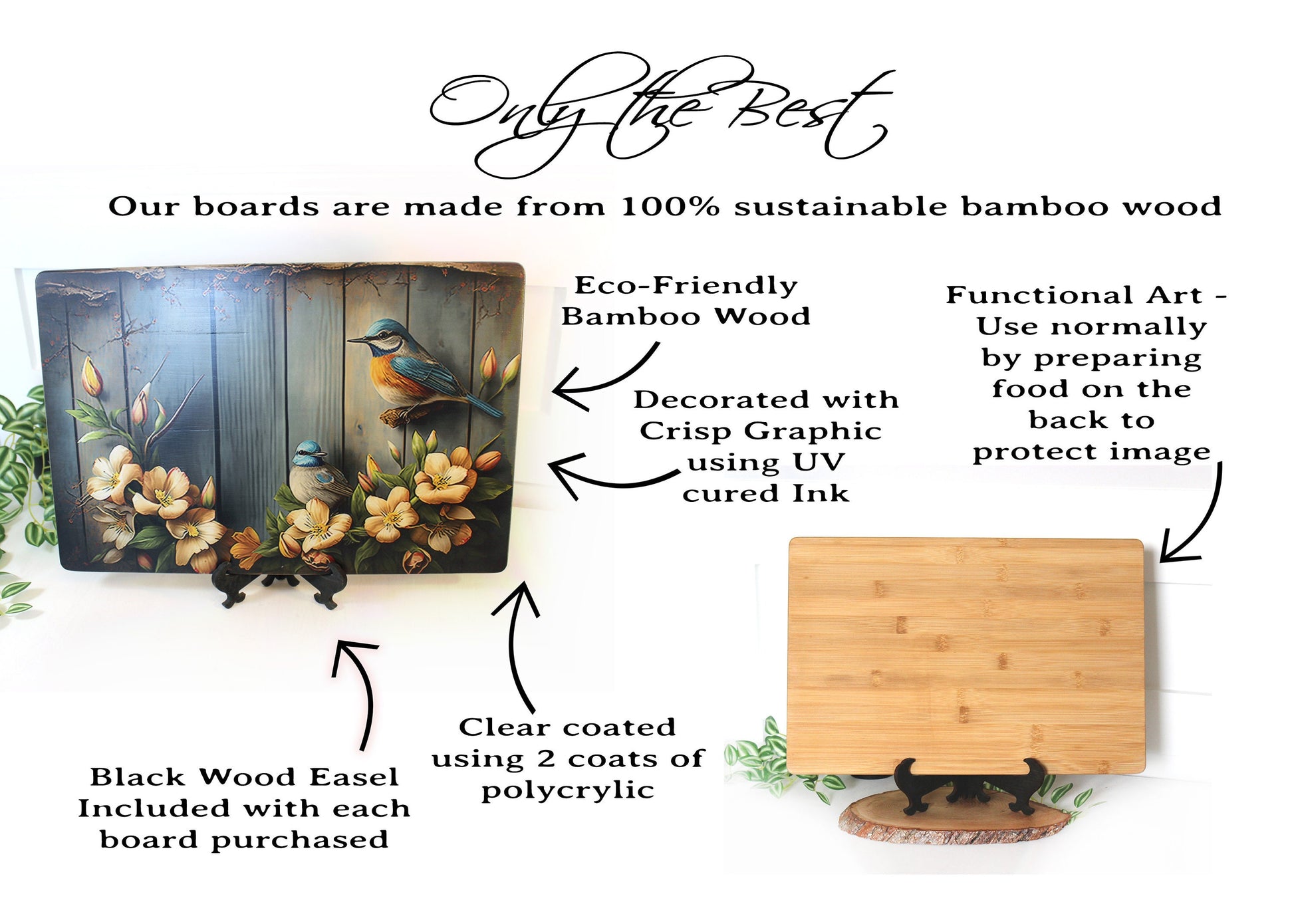Rustic Summer Blue Birds with Flowers Brighten up your Kitchen Decor, an Environmentally Friendly Bamboo Cutting Board Decorated with UV Ink