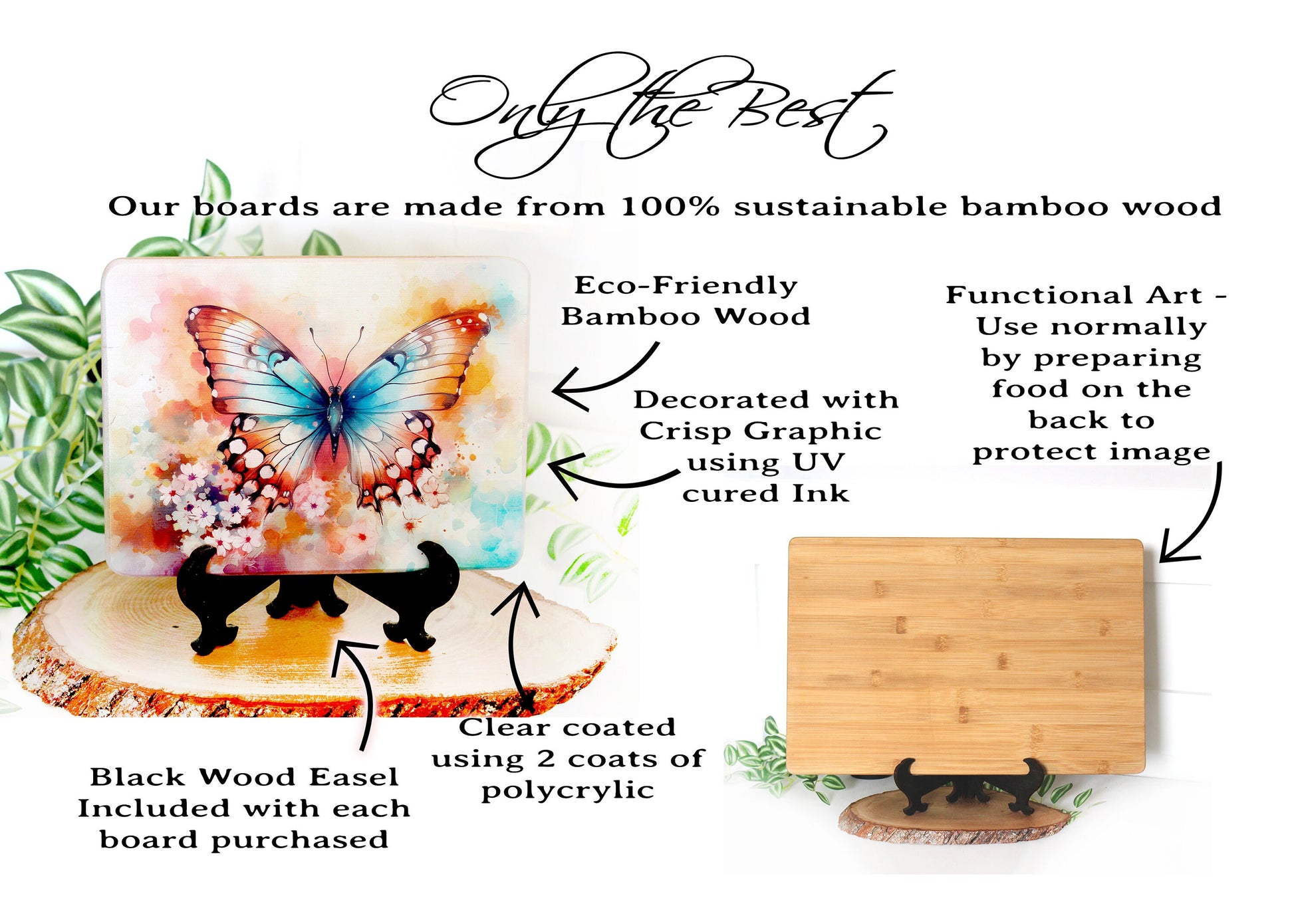 Colorful Blue Butterfly, Spring Flowers Brighten up your Kitchen Decor, Environmentally Friendly Bamboo Cutting Board Decorated with UV Ink