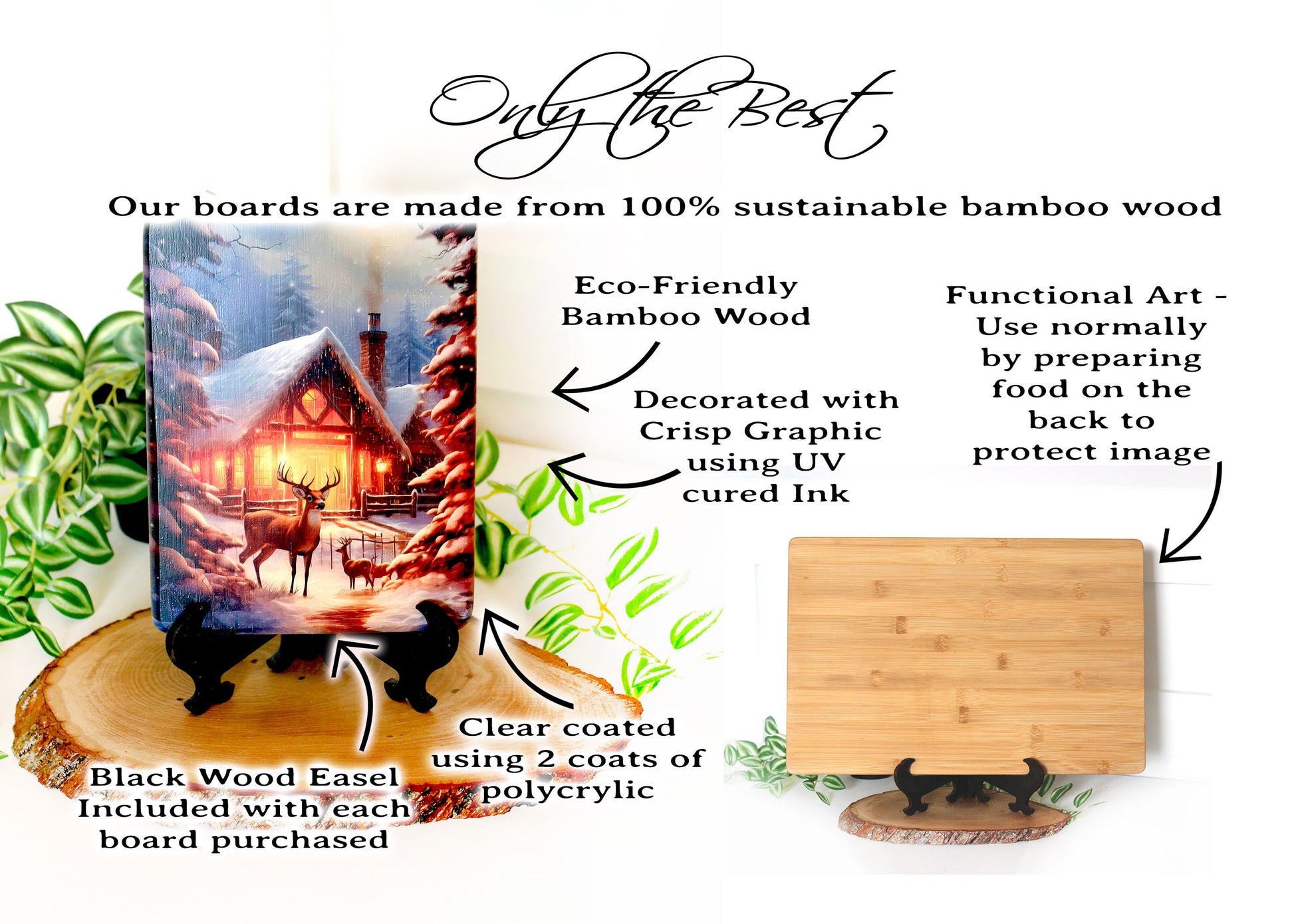 Winter Cabin Cutting Board, Rustic Winter Deer Kitchen Decor, Environmentally Friendly Bamboo Cutting Board decorated using UV Ink