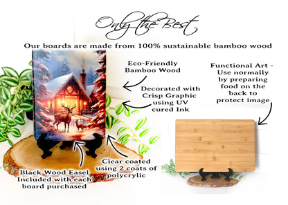 Winter Cabin Cutting Board, Rustic Winter Deer Kitchen Decor, Environmentally Friendly Bamboo Cutting Board decorated using UV Ink