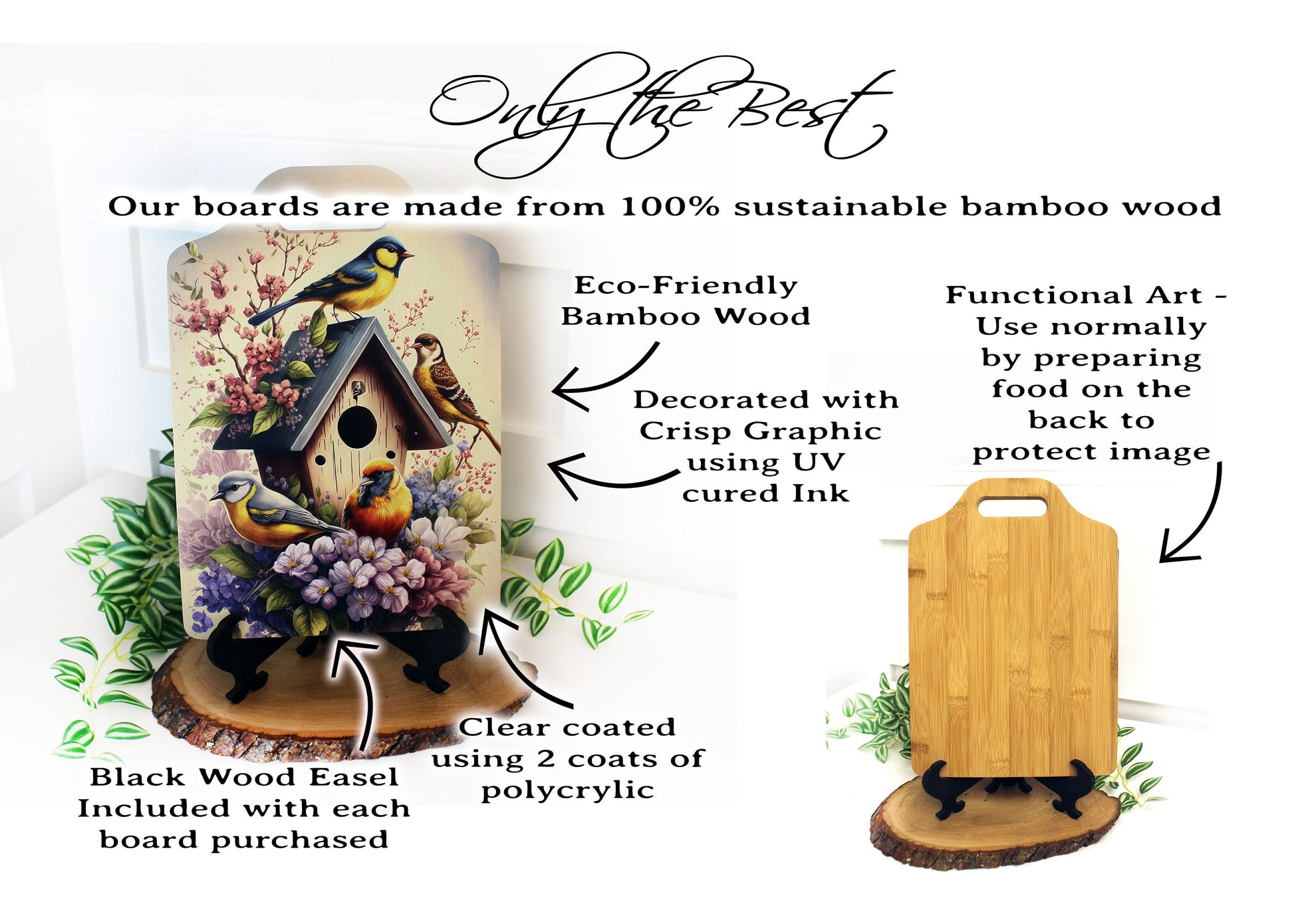 Bird Watcher Kitchen Decor, Environmentally Friendly Handled Bamboo Cutting Board Decorated w/ UV Ink with Unique Birds on Birdhouse Design