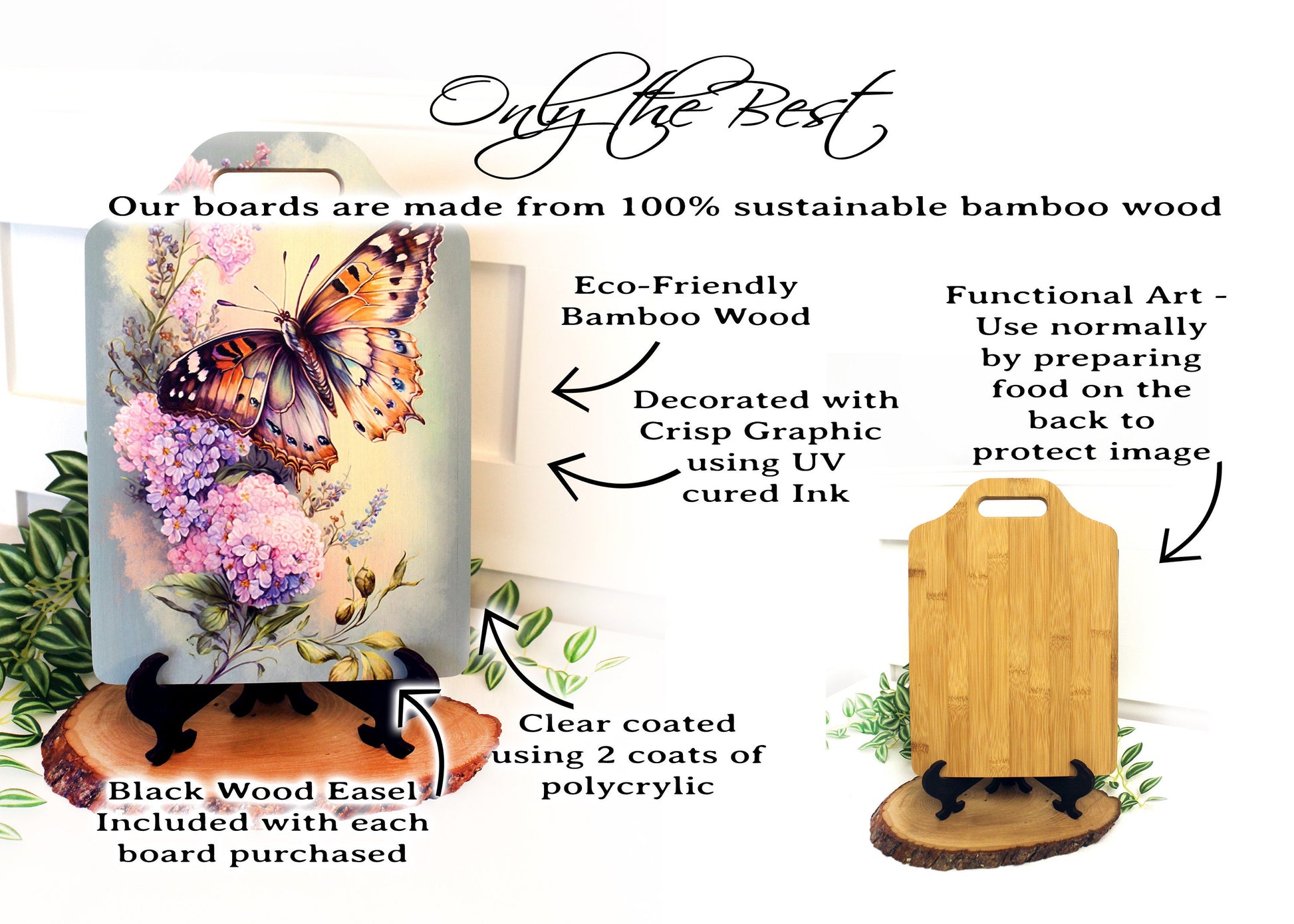 Garden Butterfly Kitchen Decor, Environmentally Friendly Handled Bamboo Cutting Board Decorated with UV Ink with Monarch Butterfly & Lilacs