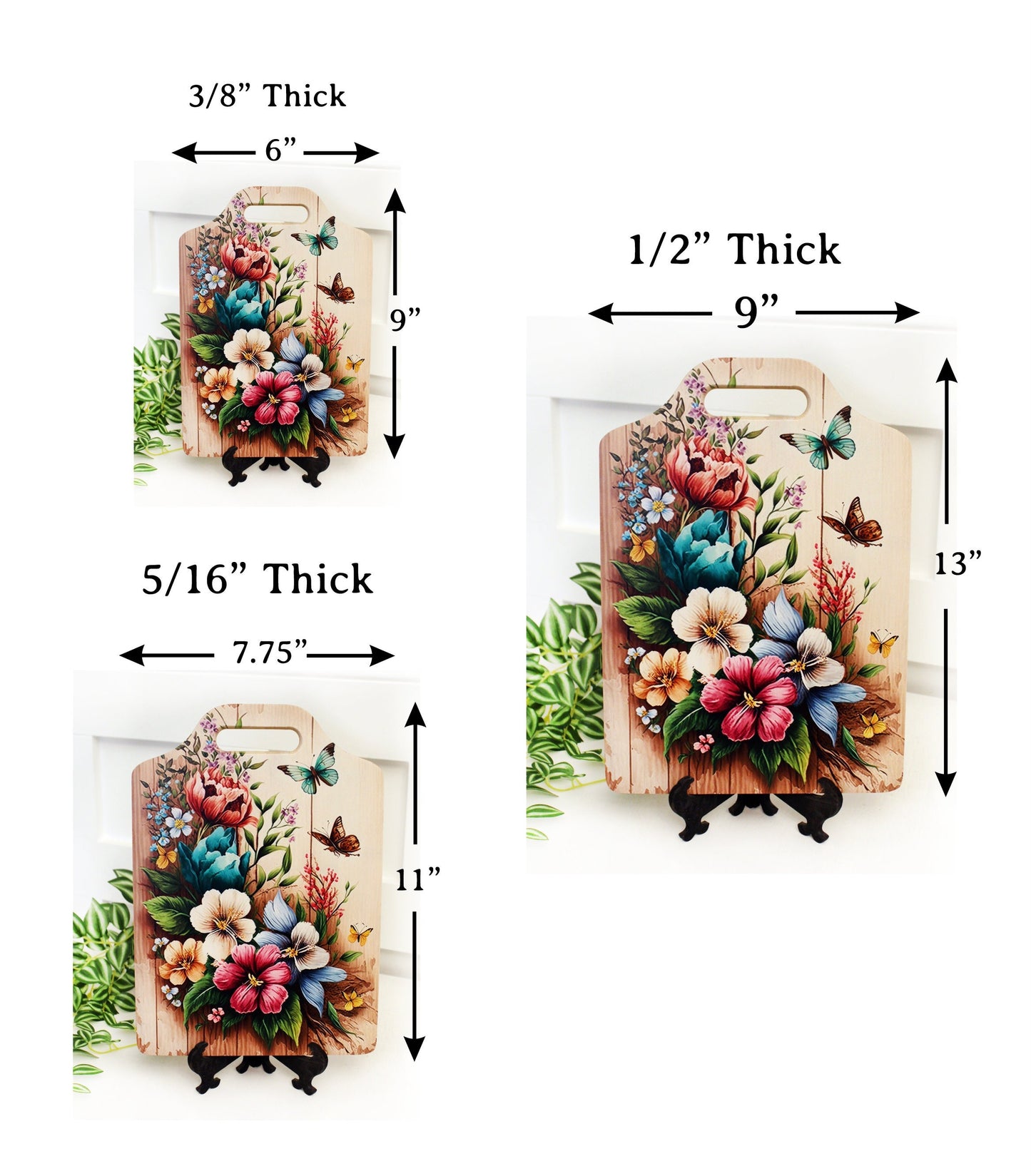 Flower Garden & Butterfly Kitchen Decor, Environmentally Friendly Handled Bamboo Cutting Board, Flowers against wooden Fence, Butterflies