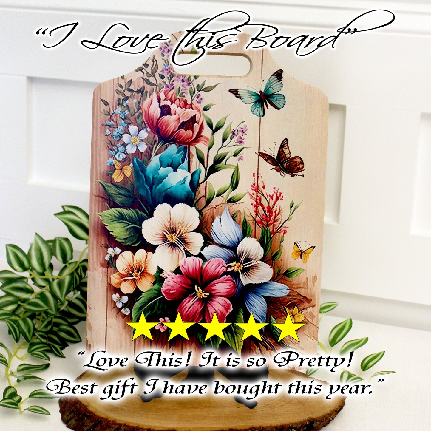 Flower Garden & Butterfly Kitchen Decor, Environmentally Friendly Handled Bamboo Cutting Board, Flowers against wooden Fence, Butterflies
