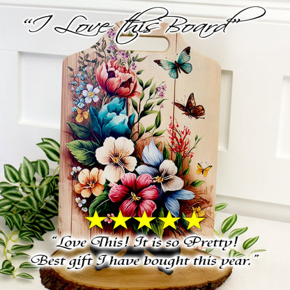 Flower Garden & Butterfly Kitchen Decor, Environmentally Friendly Handled Bamboo Cutting Board, Flowers against wooden Fence, Butterflies