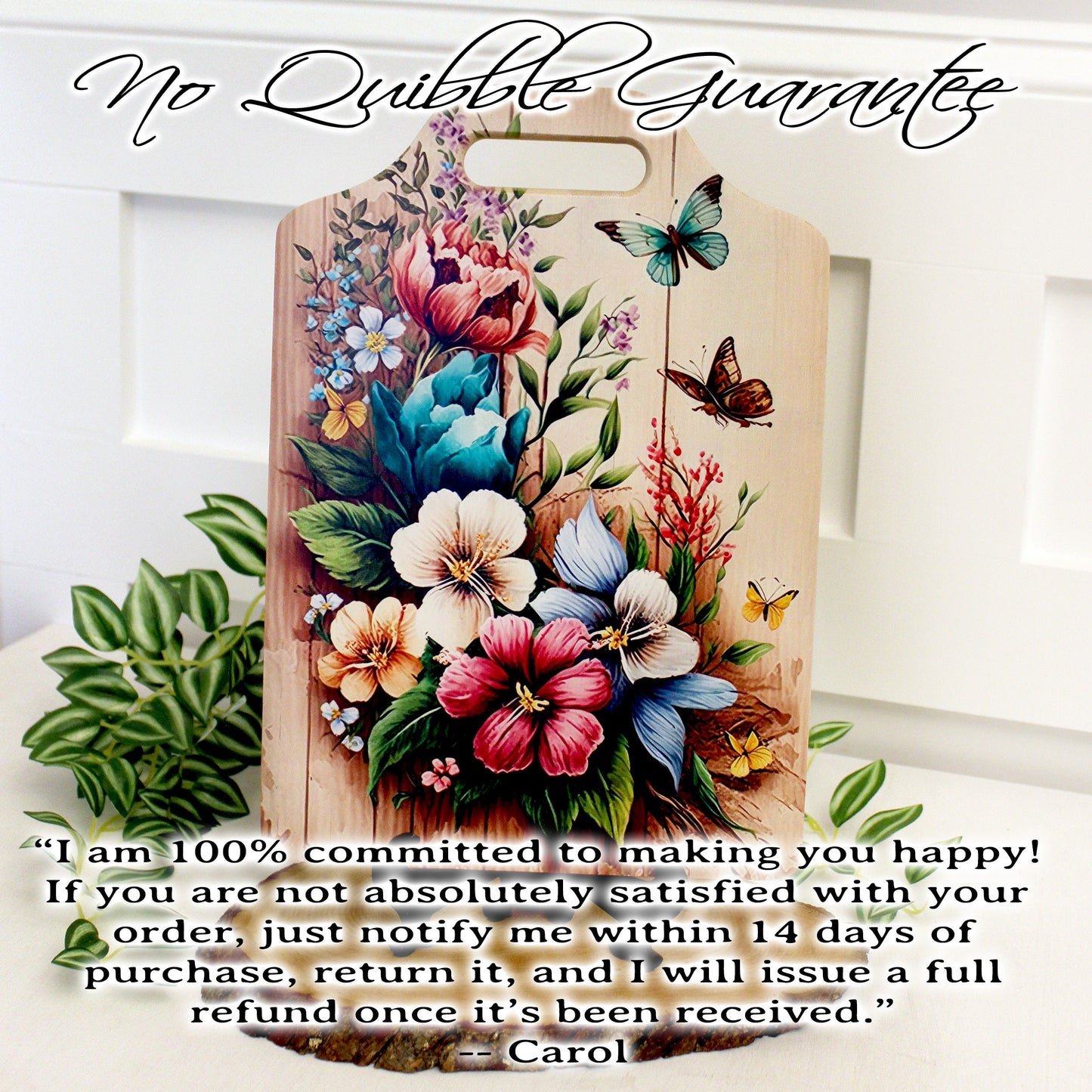 Flower Garden & Butterfly Kitchen Decor, Environmentally Friendly Handled Bamboo Cutting Board, Flowers against wooden Fence, Butterflies