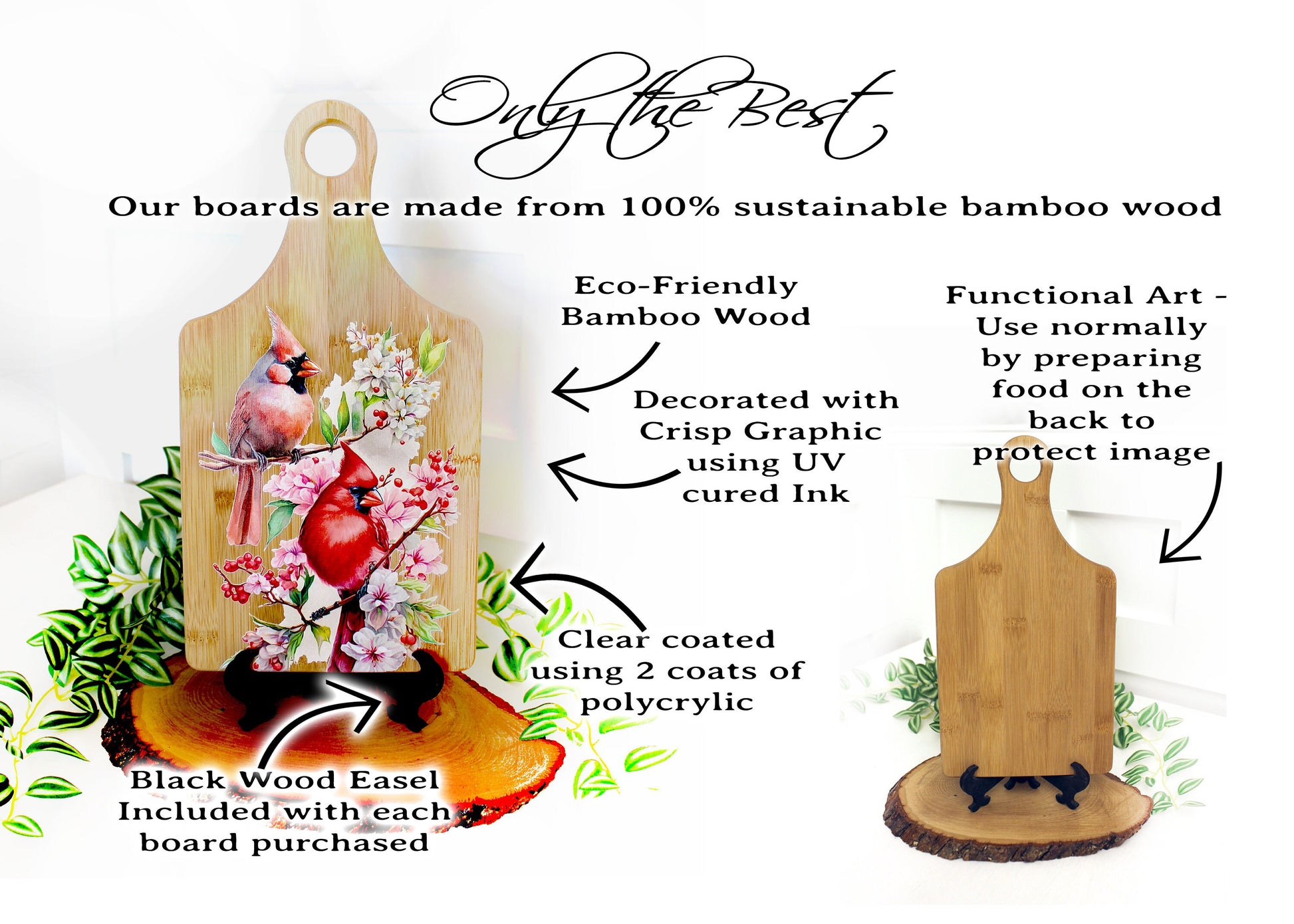Full Color Spring Cardinal Kitchen Decor, Personalized Bamboo Wood Cardinal Paddle Cutting Board is a great Environmentally Friendly Gift