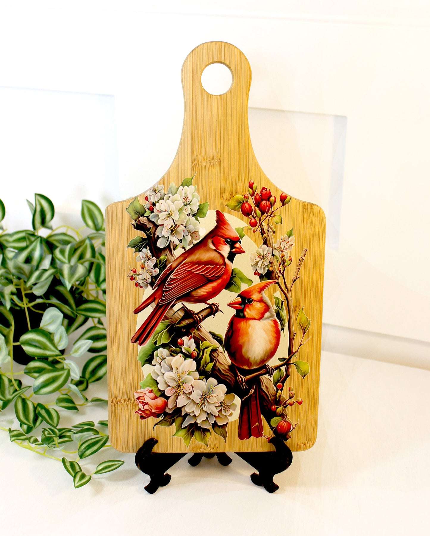 Cardinals & Cherry Blossoms Kitchen Decor, Personalized Bamboo Wood Cardinal Paddle Cutting Board is a great Environmentally Friendly Gift