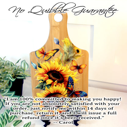 Sunflowers & Butterflies Kitchen Decor, Personalized Bamboo Wood Sunflower Paddle Cutting Board is a great Environmentally Friendly Gift