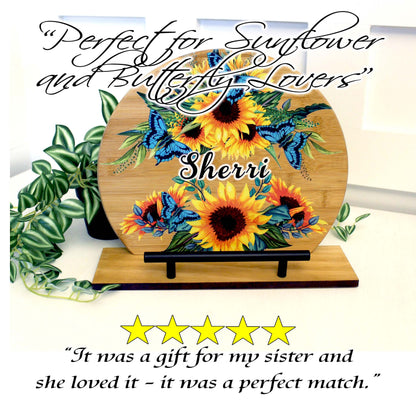 Kitchen Cookbook Stand from Sustainable Bamboo with Pine Wood Accents decorated with Beautiful Sunflowers and Blue Butterflies - Monogram